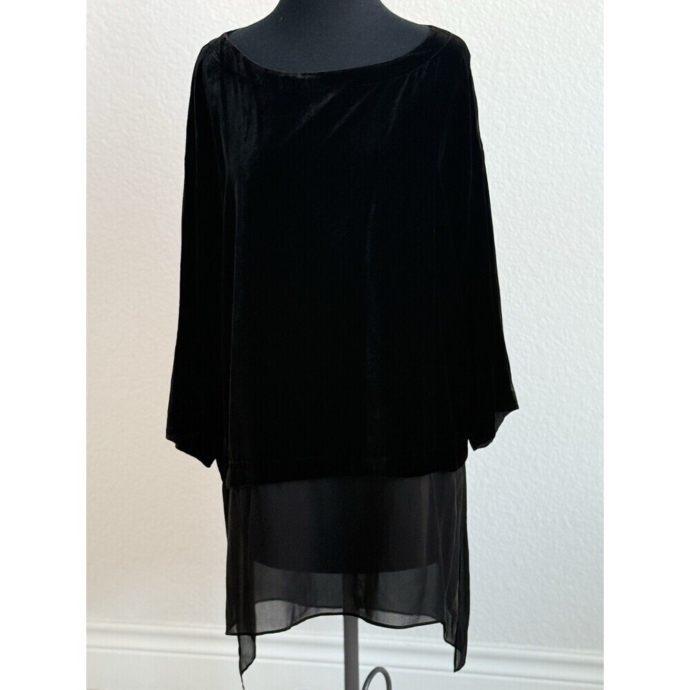 Eileen Fisher Bateau Neck Velvet BLACK Tunic Top Sheer Silk Hem Women’s S/P - Picture 2 of 8